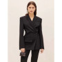 MYMX Spring Autumn Black Wool Blends Slanted Padded Shoulder Blazer For Women Lapel Slim Suit Jacket New MX721