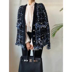 -Vintage Tassels Patchwork Jacket Contrast Color V-neck Single Breasted Loose Coat Female Casual Fashion Tide 2023