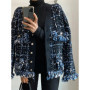 -Vintage Tassels Patchwork Jacket Contrast Color V-neck Single Breasted Loose Coat Female Casual Fashion Tide 2023