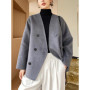 Women 100 Wool Tops Coat Fashion V-neck Short Coats Woolen Jacket Hand Sewing Autumn Winter Wool Blazer Double-Breasted 22
