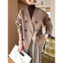 Women 100 Wool Tops Coat Fashion V-neck Short Coats Woolen Jacket Hand Sewing Autumn Winter Wool Blazer Double-Breasted 22