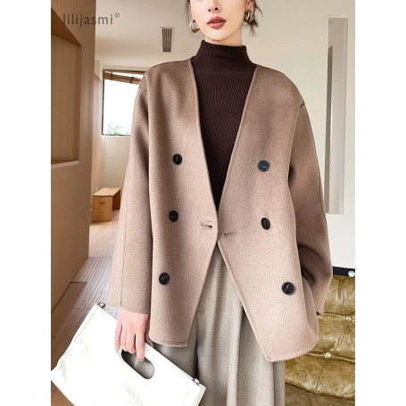 Women 100 Wool Tops Coat Fashion V-neck Short Coats Woolen Jacket Hand Sewing Autumn Winter Wool Blazer Double-Breasted 22