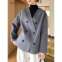 Women 100 Wool Tops Coat Fashion V-neck Short Coats Woolen Jacket Hand Sewing Autumn Winter Wool Blazer Double-Breasted 22