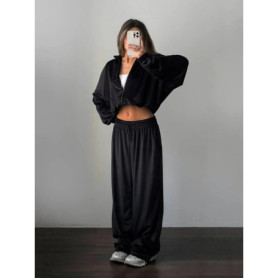 Fashion Velvet Casual Pants 2 Pieces Set Zipper Hooded Cardigan Jacket and Loose Trousers Autumn Winter Women Sport Tracksuit