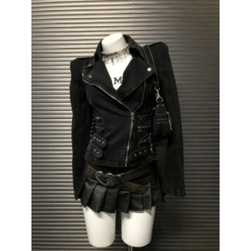 Y2K Gothic Black Coat Bomber Jacket Women Harajuku Vintage Turn Down Collar Denim Jacket Punk Diagonal Zipper Motorcycle Jacket