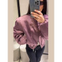 Fashion Satin Cropped Bomber Jacket For Women Casual Stand Collar Puff Sleeve Wide Shoulder Zipper Coat Lady 2026 Chic Streetwea