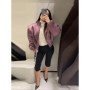 Fashion Satin Cropped Bomber Jacket For Women Casual Stand Collar Puff Sleeve Wide Shoulder Zipper Coat Lady 2026 Chic Streetwea
