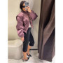 Fashion Satin Cropped Bomber Jacket For Women Casual Stand Collar Puff Sleeve Wide Shoulder Zipper Coat Lady 2026 Chic Streetwea
