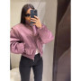 Fashion Satin Cropped Bomber Jacket For Women Casual Stand Collar Puff Sleeve Wide Shoulder Zipper Coat Lady 2026 Chic Streetwea
