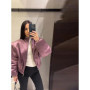 Fashion Satin Cropped Bomber Jacket For Women Casual Stand Collar Puff Sleeve Wide Shoulder Zipper Coat Lady 2026 Chic Streetwea