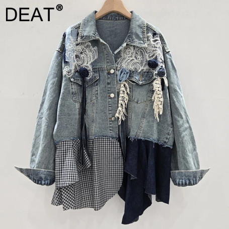 DEAT 2025 Autumn New Niche Fashion Patchwork Women's Denim Jacket Loose Single-breasted Contrast Color Coat Female11A05239