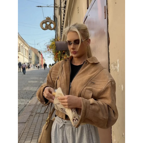 Brown Retro Suede Lapel Zippered Short Jackets Women's Casual Full Sleeves Pocket Loose Coats 2026 Spring Daily Commute Outwear