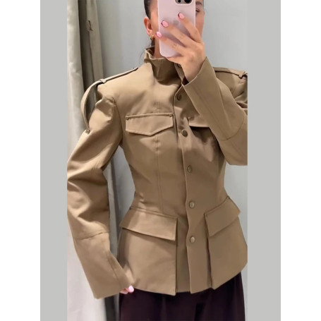 Women's Khaki Stand Collar Jacket Fashion Long Sleeve Single Breasted Pockets Waist Fit Coat Lady 2026 Spring Chic Streetwear