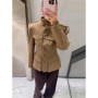 Women's Khaki Stand Collar Jacket Fashion Long Sleeve Single Breasted Pockets Waist Fit Coat Lady 2026 Spring Chic Streetwear