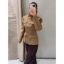 Women's Khaki Stand Collar Jacket Fashion Long Sleeve Single Breasted Pockets Waist Fit Coat Lady 2026 Spring Chic Streetwear