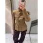 Women's Khaki Stand Collar Jacket Fashion Long Sleeve Single Breasted Pockets Waist Fit Coat Lady 2026 Spring Chic Streetwear
