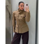 Women's Khaki Stand Collar Jacket Fashion Long Sleeve Single Breasted Pockets Waist Fit Coat Lady 2026 Spring Chic Streetwear