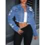 Denim Jacket Women Short Coat Hole Distressed Vintage Washed Single Breasted Turn Down Collar Autumn Female Outerwear Streetwear