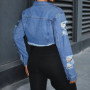 Denim Jacket Women Short Coat Hole Distressed Vintage Washed Single Breasted Turn Down Collar Autumn Female Outerwear Streetwear