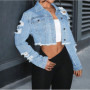 Denim Jacket Women Short Coat Hole Distressed Vintage Washed Single Breasted Turn Down Collar Autumn Female Outerwear Streetwear