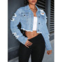 Denim Jacket Women Short Coat Hole Distressed Vintage Washed Single Breasted Turn Down Collar Autumn Female Outerwear Streetwear