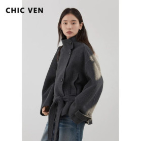 CHIC VEN Korean Women Double-sided Belt Woolen Coat Loose Overcoat Solid Ladies Outerwear Girl Jackets Autumn Winter 2025