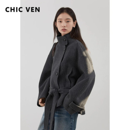 CHIC VEN Korean Women Double-sided Belt Woolen Coat Loose Overcoat Solid Ladies Outerwear Girl Jackets Autumn Winter 2025