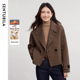 SENTUBILA Double-sided Woolen Short Coats Ladies Outerwear 2026 Winter British Fashion Long Sleeve Wool BlendJacket W54OC2738