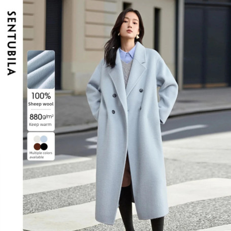SENTUBILA Women's Winter 100 Wool Long Coat 2026 Classic Elegant Commuter Style Double-Faced Overcoat Ladies Clothes W54OA8780