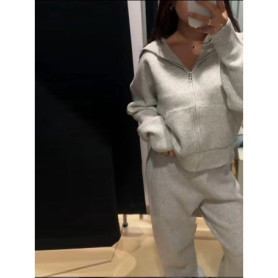 Knitted Women's Pant Sets Hooded Zipper Elastic Hem Female Jacket Straight Solid Pant Casual Women's Tracksuit Chic Suit Ladies
