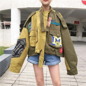 Retro Letter Printing Jacket Women Streetwear Green Cargo Pocket Denim Patchwork Fashion Coat Female Clothing 2026 New