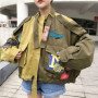 Retro Letter Printing Jacket Women Streetwear Green Cargo Pocket Denim Patchwork Fashion Coat Female Clothing 2026 New