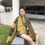 Retro Letter Printing Jacket Women Streetwear Green Cargo Pocket Denim Patchwork Fashion Coat Female Clothing 2026 New