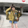 Retro Letter Printing Jacket Women Streetwear Green Cargo Pocket Denim Patchwork Fashion Coat Female Clothing 2026 New