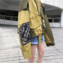 Retro Letter Printing Jacket Women Streetwear Green Cargo Pocket Denim Patchwork Fashion Coat Female Clothing 2026 New