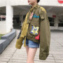 Retro Letter Printing Jacket Women Streetwear Green Cargo Pocket Denim Patchwork Fashion Coat Female Clothing 2026 New