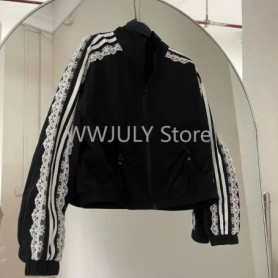 Lace Patchwork Striped Sun Protection Jacket for Women 2025 New Korean Causal Zipper Stand Neck Cardigan Coat Top Design