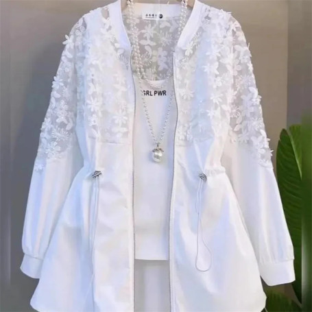 Summer Three-Dimensional Flower Windbreaker Plus Size Womens Fat Sister Western Style Joker Slim Lace Stitching Long Sleeve Coat