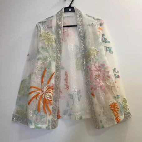 Luxury Flowers Embroidery Mesh Spliced Jacket Thin Floral Sequined Gauze Patchwork Crystal Coat V-Neck Net Yarn Cardigan Tops