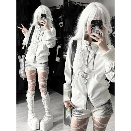 90s Harajuku Streetwear Vintage Button Hooded Sweatshirts Casual Aesthetic Grunge Jacket Y2k Stand Neck Outfit Outerwear Autumn