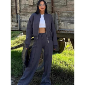 Women Sweatsuit Set Vintage O-neck Zipper Bomber Jackets High Waist Loose Pants Suit Female 2025 Spring Fashion Lady Sportswear