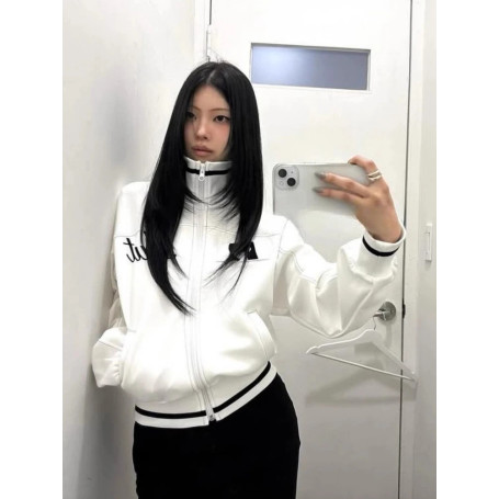 Printed Striped Loose Women's Short Jacket 2026 Autumn New Black Cardigan Coat Women Y2k Fashion Vintage Street Tops