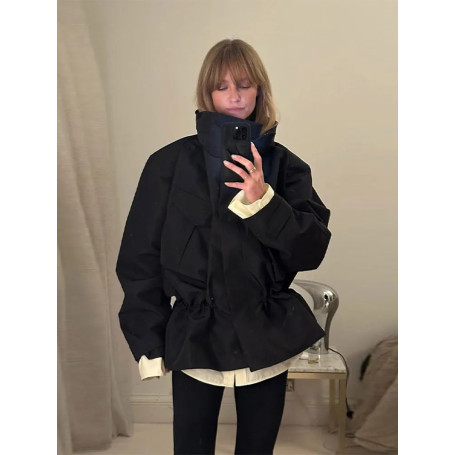 Fashion Black Oversized Bomber Jacket For Women Casual Lapel Puff Sleeve Waist Coat Lady 2026 Spring Chic Street Outerwear