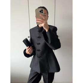 Frog Button Mandarin Collar Blazer Jacket Tailored Fitted Waist 2026 Spring Elegant Women Outerwear Modern Oriental Lady Coat