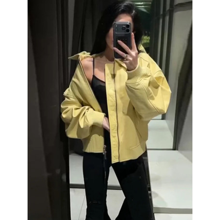 Faux Leather Bomber Jacket Oversized Collared Long Sleeve 2026 Spring Edgy Women Faux Leather Coat Fashion Bold Lady Outerwear