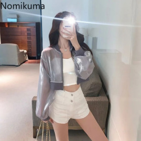 Streetwear Summer Women Jackets Stand Neck Long Sleeve Zipper Y2k Tops 2025 Ropa Mujer Fashion See Through Casual Crop Coat