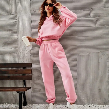2025 Autumn Winter New Solid Color Women's Hooded Sports Set Long Sleeve Top Long Pants 2Pcs Casual Outfit