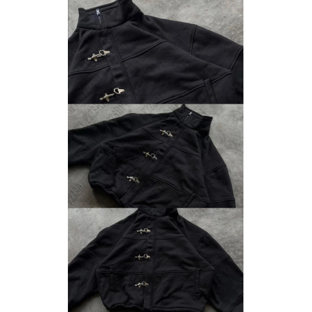 Y2K Retro fashion Personality Black coat Metal buckle stand-up collar zipper casual Surcoat Cool Girl High Street Popular Jacket