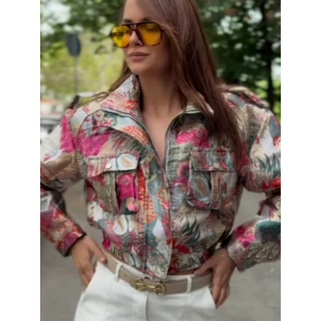 Vintage Printed Zipper Lapel Short Jackets Women Long Sleeves Pocket Elastic Waist Jackets Female New High Street Outerwear 2025