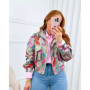 Vintage Printed Zipper Lapel Short Jackets Women Long Sleeves Pocket Elastic Waist Jackets Female New High Street Outerwear 2025